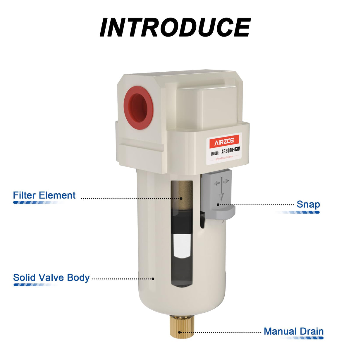 AIRZOE 3/8" NPT Compressed Air Filter, Semi-Auto Drain,0-150psi, AF3000-03
