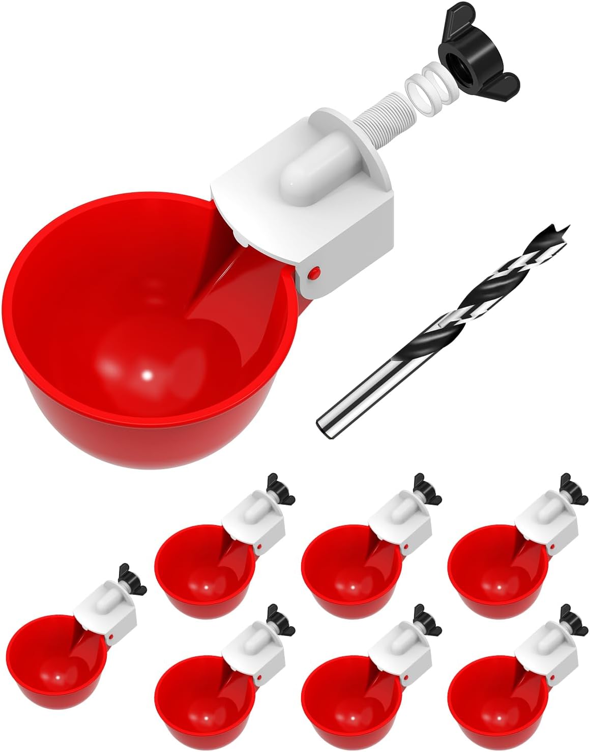 Chicken Waterer Cups (8 Pack) with 3/8" Drill Bit - Red | Automatic Poultry Drinker Feeder Kit for Chickens, Ducks