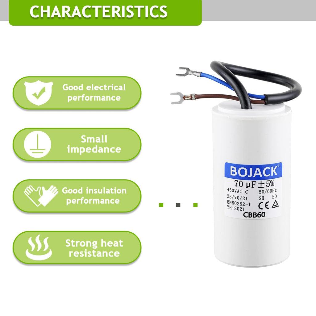 BOJACK 70 uF 450V AC 70 MFD CBB60 Wire Lead Cylinder Motor Run SH Capacitor