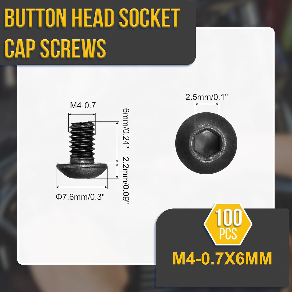 DTGN 100Pcs M4-0.7x6 Button Head Socket Cap Screw Carbon Steel Black Oxide