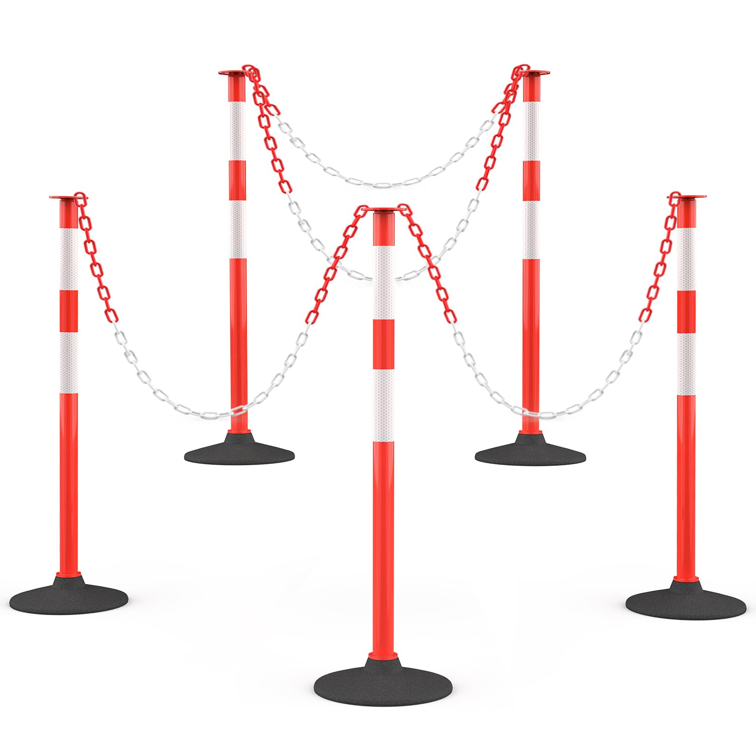 5 Pack 34 Inch Traffic Delineator Posts Cones, Orange | Weighted Base, Portable Safety Barrier, 5 FT Plastic Chain