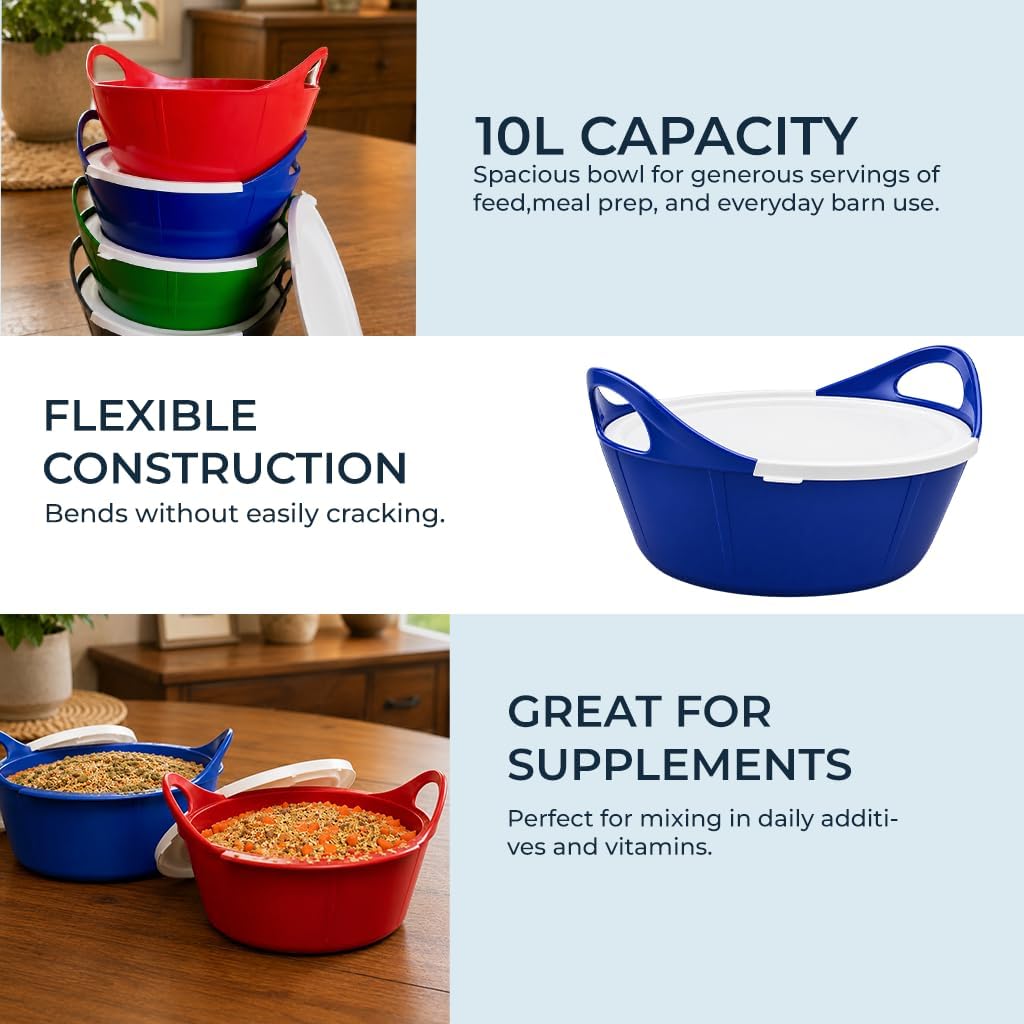 Flexi Bowl with Lid, 10L Horse Feed Bucket, Stackable Feed Storage Container, Flexible BPA Free Feed Tub for Grain