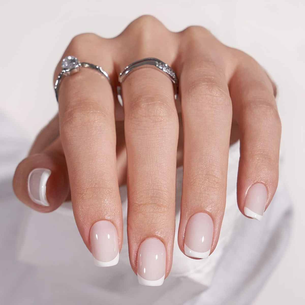 Press On Nails, French Tip Short Square Nails, 30Pcs Full Kit