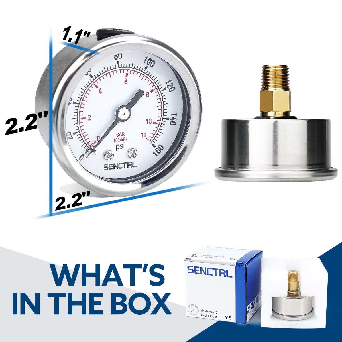 SENCTRL 0-160 Psi Pressure Gauge, 1/4" NPT Back Mount