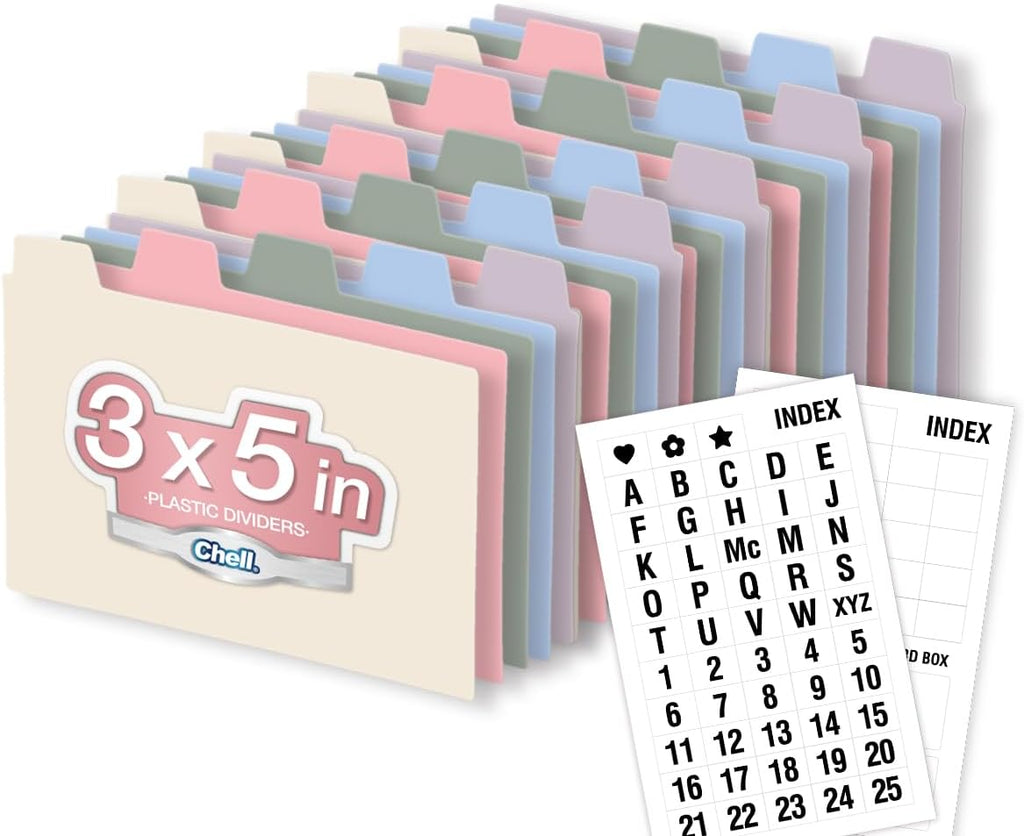 3"x5" Plastic Index Card Dividers, Pastel Colors, 25 Pack | Heavyweight, A-Z, Made of Polypropylene, Alphabetical