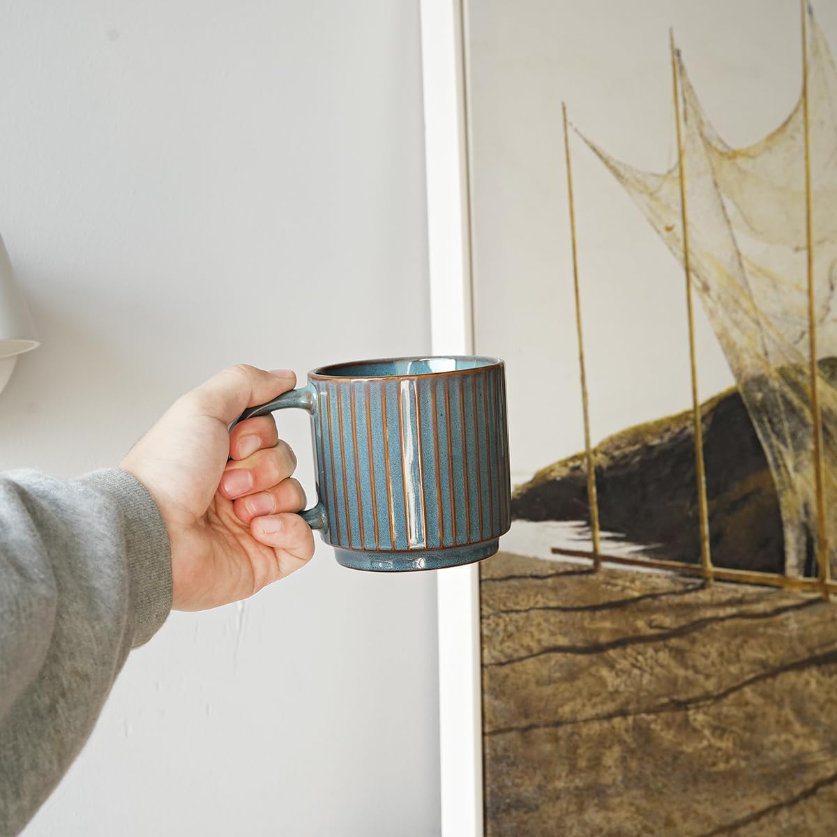 Stackable Ceramic Coffee Mug Set of 4, 16 Oz, Coffee Cups, Microwave Safe, Unique Reactive Glaze (Teal, 16 Oz)