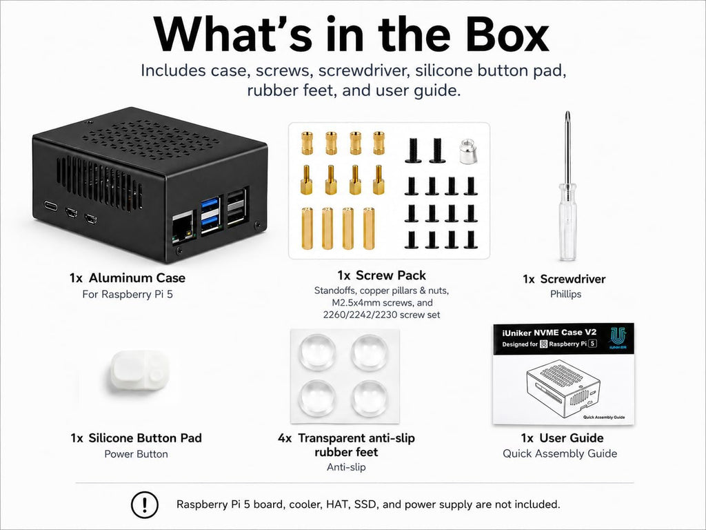 iUniker Metal Case Compatible with Raspberry Pi 5, Aluminum Pi 5 Case with Space for Active Cooler, M.2 NVMe HAT & POE HAT, GPIO Side Access, Vented Enclosure (Only Include Case)