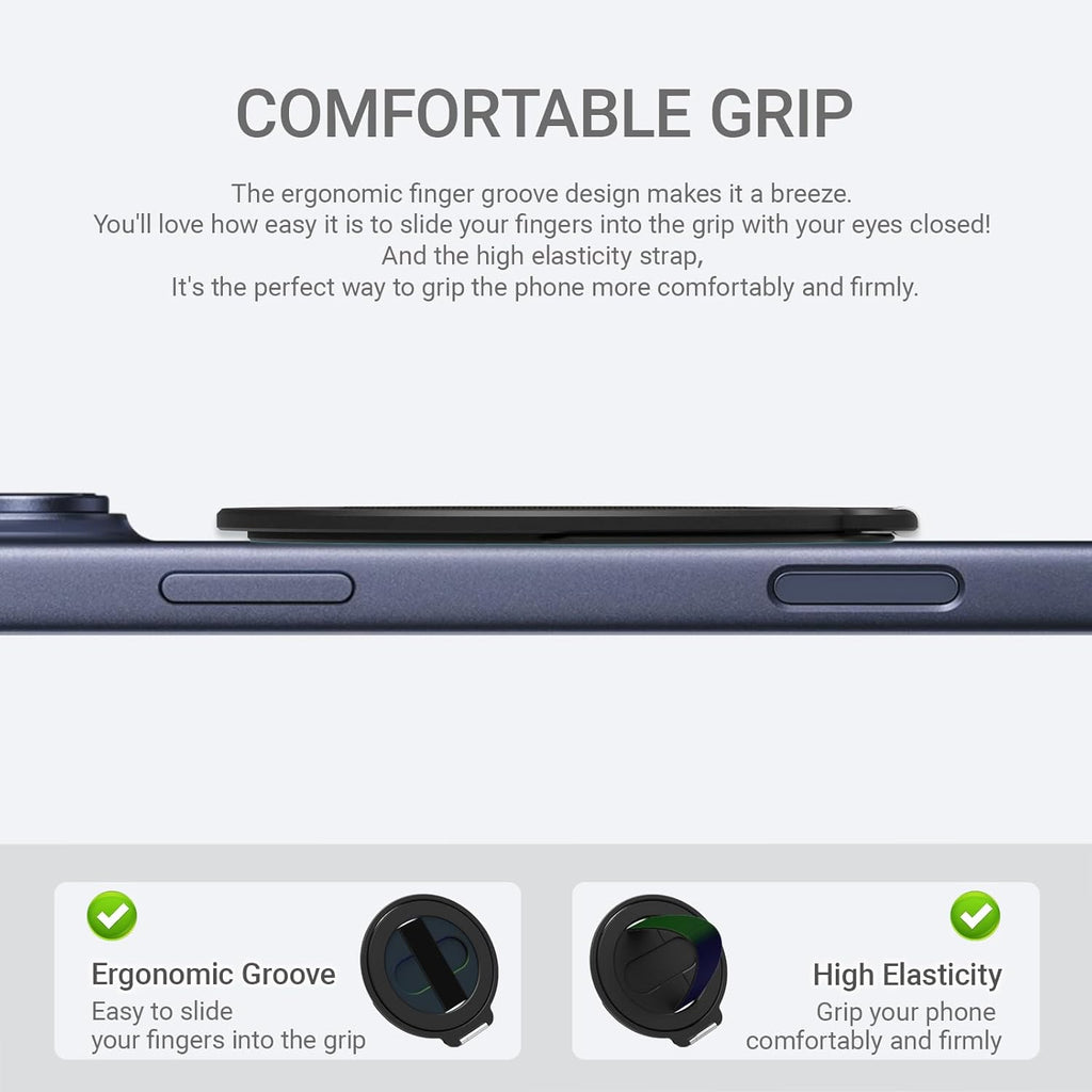 Grat 4 for Magsafe Magnetic Phone Grip Stand, 360° Rotatable Elastic Strap Loop, Detachable Ultra-Thin Aluminum Ring