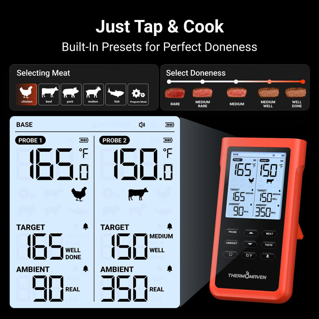 3000FT Wireless Meat Thermometer, No App Needed, 2 Probes