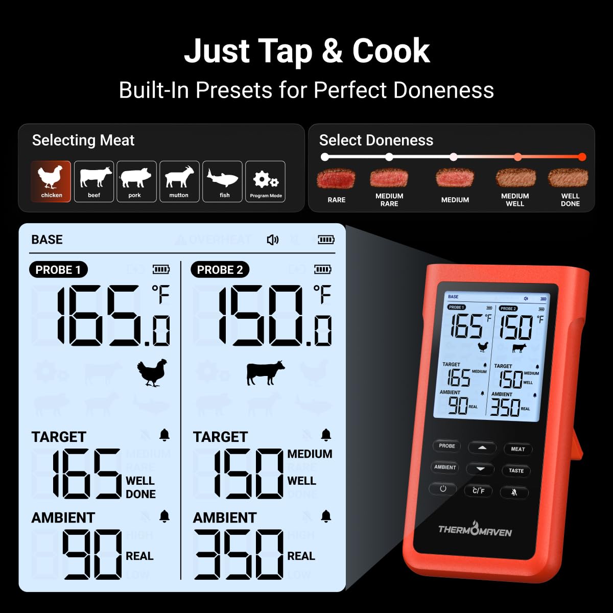 3000FT Wireless Meat Thermometer, No App Needed, 2 Probes