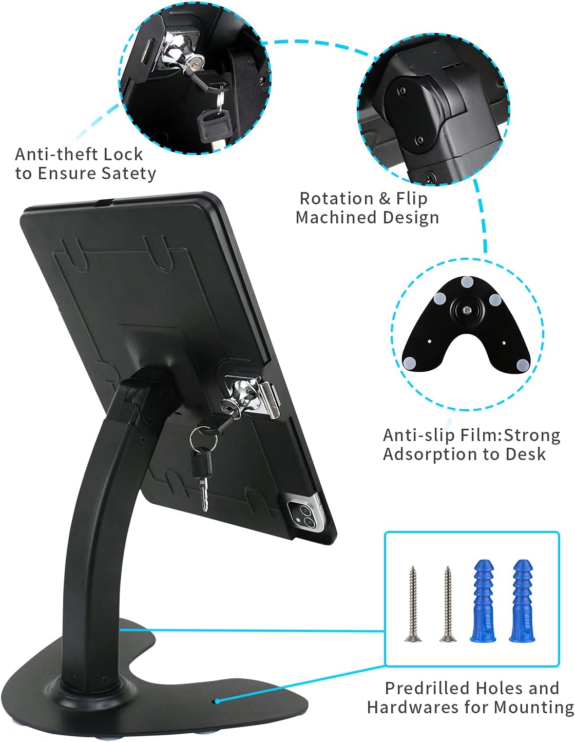 Desktop Wall Mount Anti-Theft Security Kiosk POS Stand Holder Enclosure for 2022 2021 2020 2018 iPad Pro 12.9", Flip