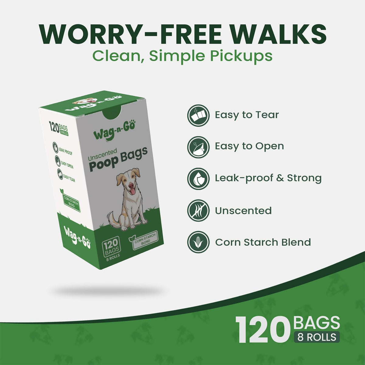 Dog Poop Bags Rolls, 120 Count Unscented Doggie Poop Bags, Leak-Proof, Easy Pet Waste Cleanup