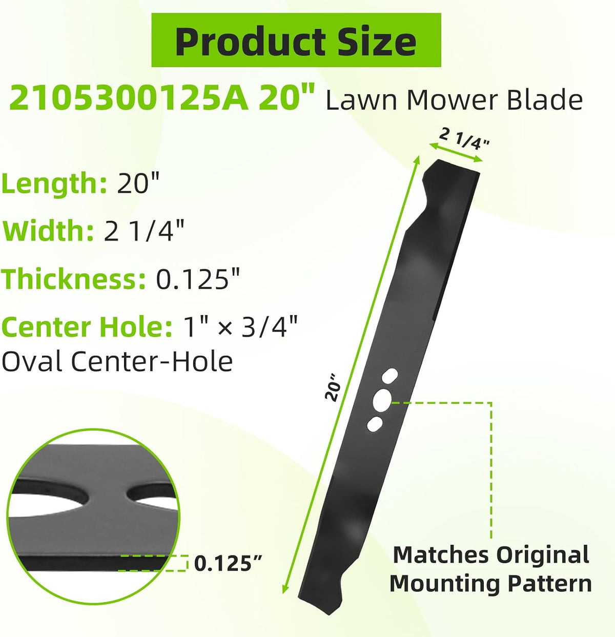 2105300125A Lawn Mower Blade, 20 Inch Oval Center Hole Mower Blade