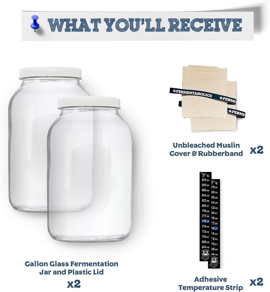 2 One-Gallon Glass Kombucha Jars & Breathable Muslin Cloth Covers, and Rubber bands | 2 Pack Gallon Jars | Perfect