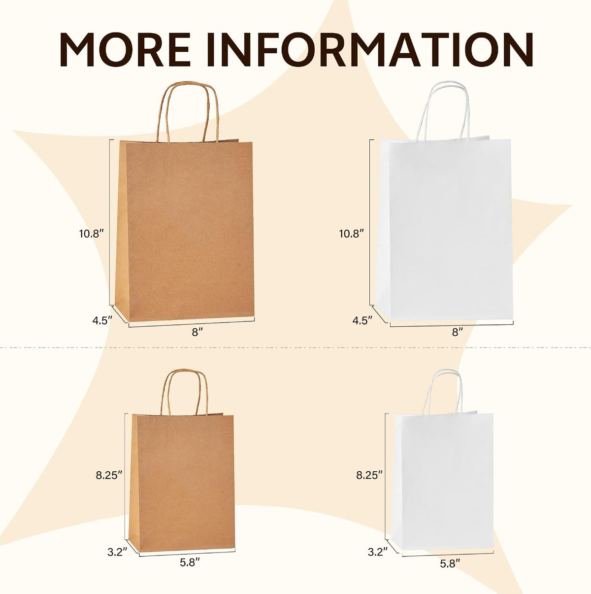 100 pcs Brown Paper Gift Bags with Handles, 8x4.5x10.8 Inch, Medium