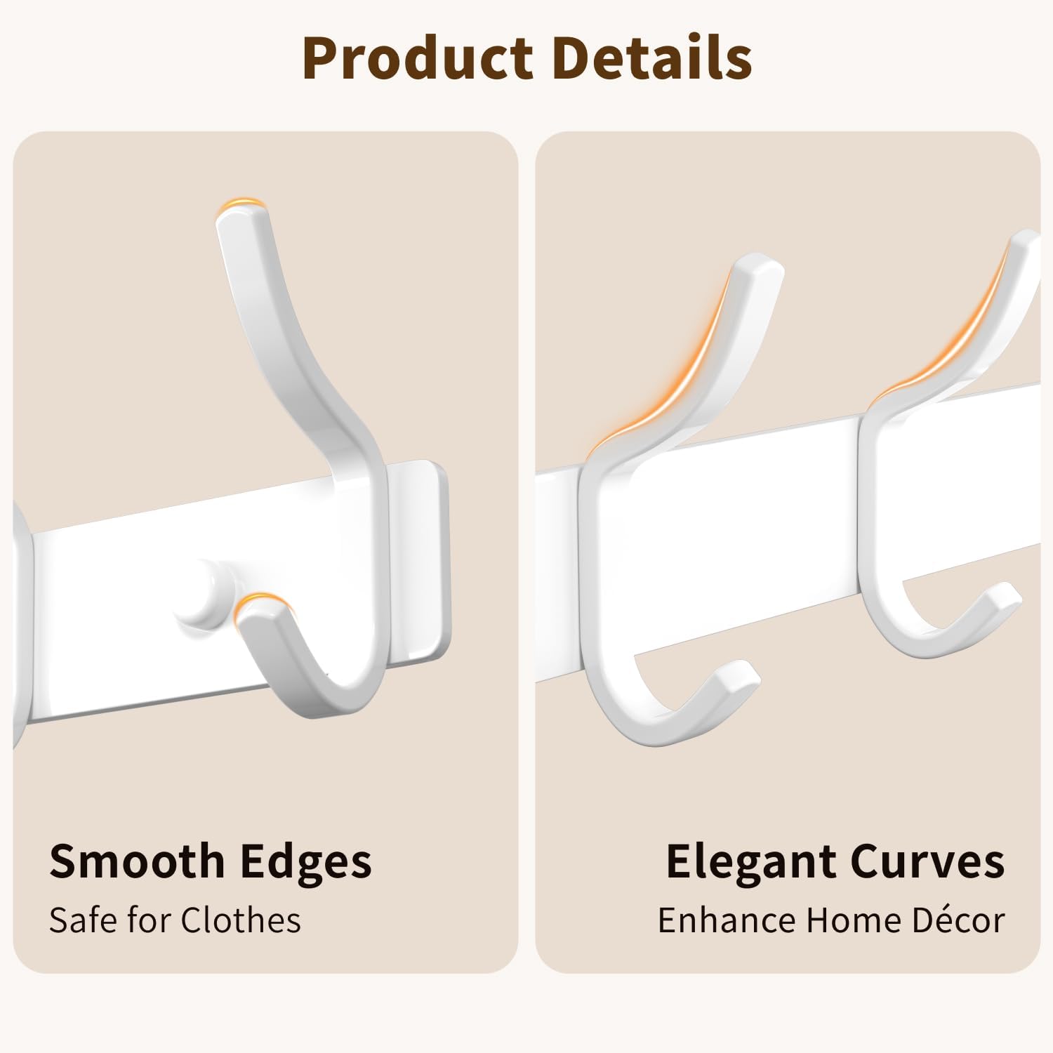 White Coat Rack Wall Mount - 15 Inch Arc Shaped Design with 6 Hooks for Hanging Coats, Bags, and Towels in Entryway
