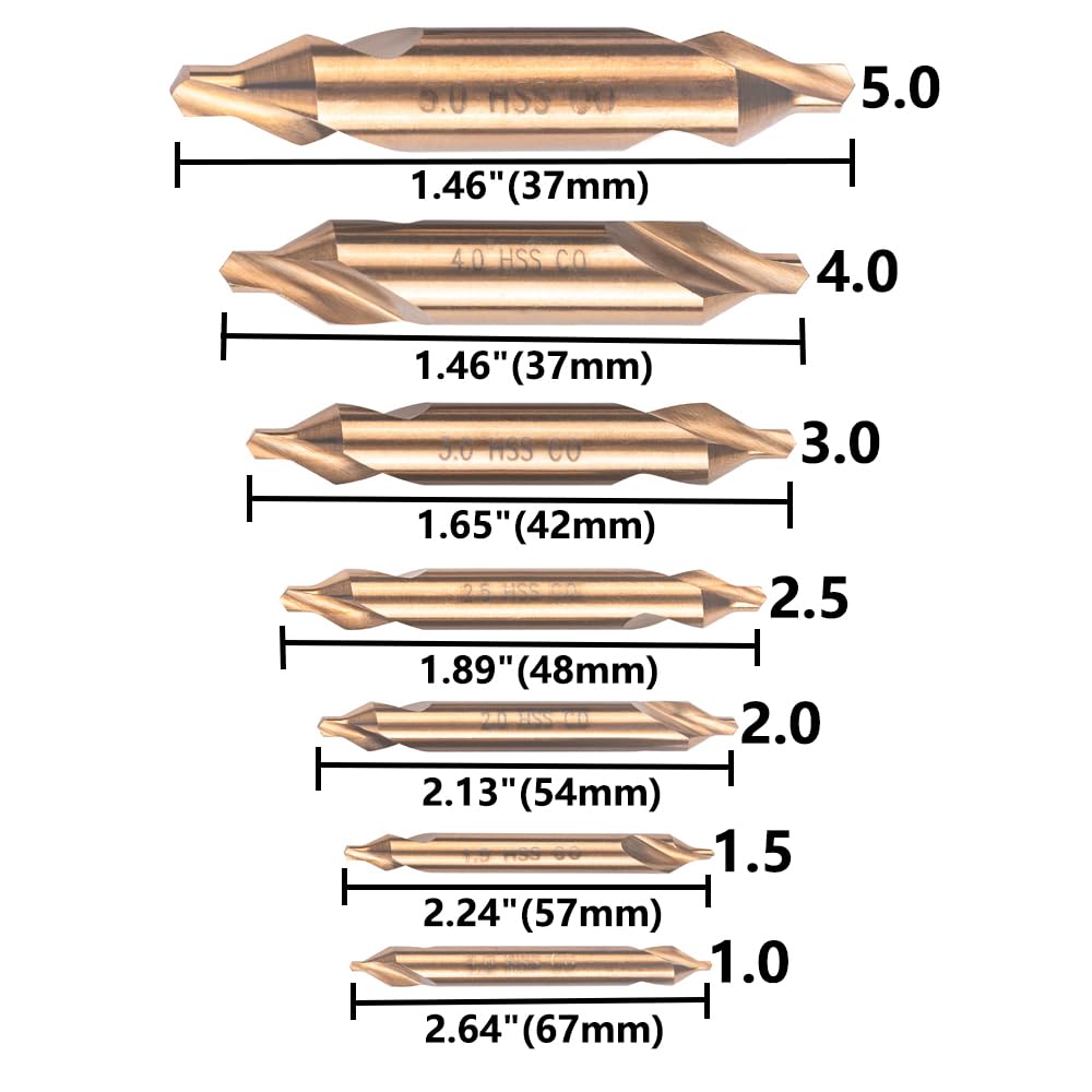 7PCS Cobalt Center Drill Bits Set, M35 High Speed Steel 60-Degree Angle Center Drill Bits Kit Countersink Tools for Lathe Metalworking Size 1.0 1.5 2.0 2.5 3.0 4.0 5.0
