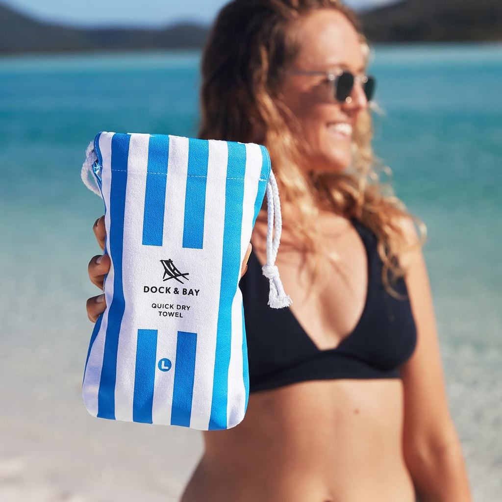 Beach Towel - Quick Dry, Sand Free - Compact, Lightweight - 100% Recycled - Includes Bag - Cabana - Blue - Large