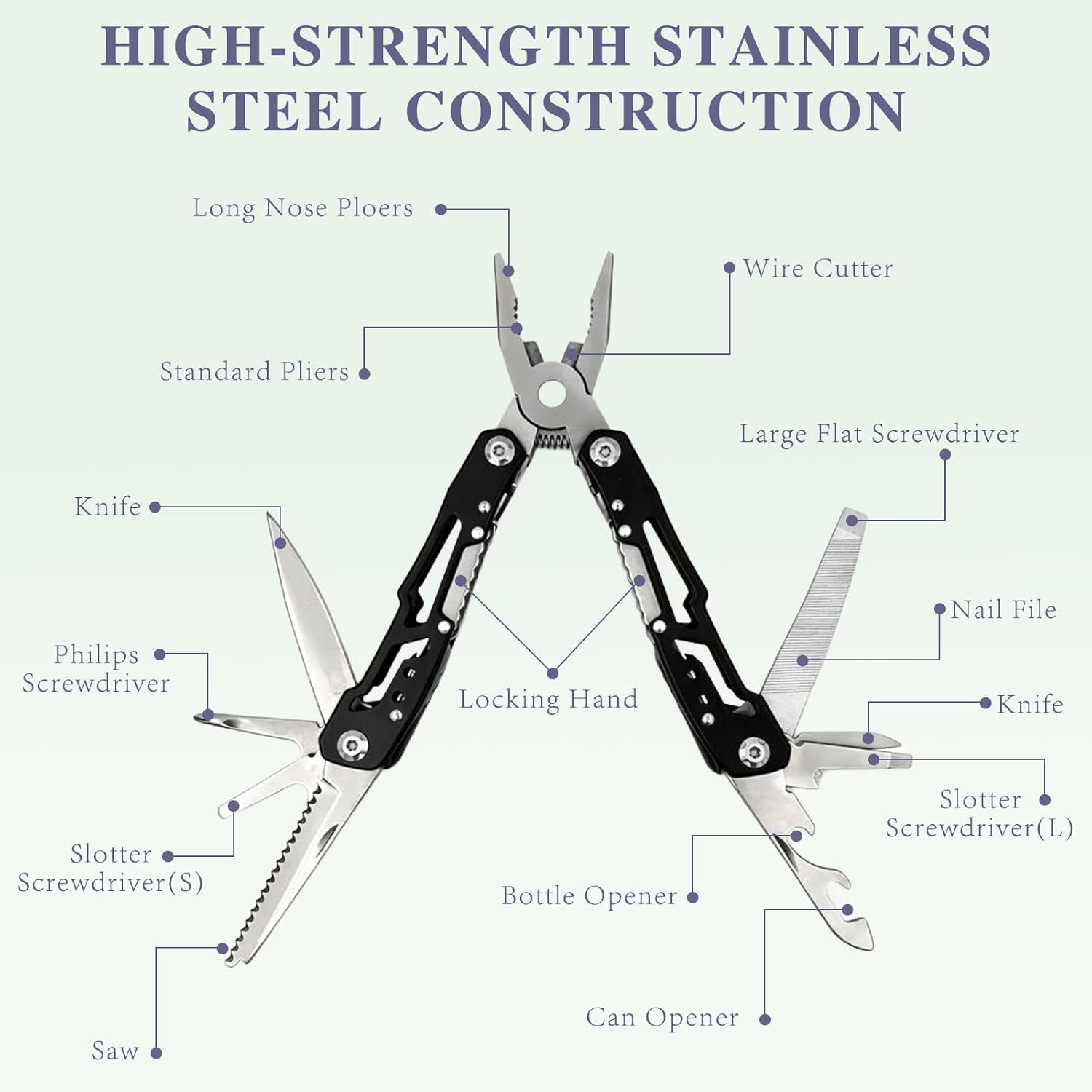 14-in-1 Safety-Locking Stainless Steel Multitool Pliers – Folding Pocket Knife with Screwdrivers, Bottle Opener &