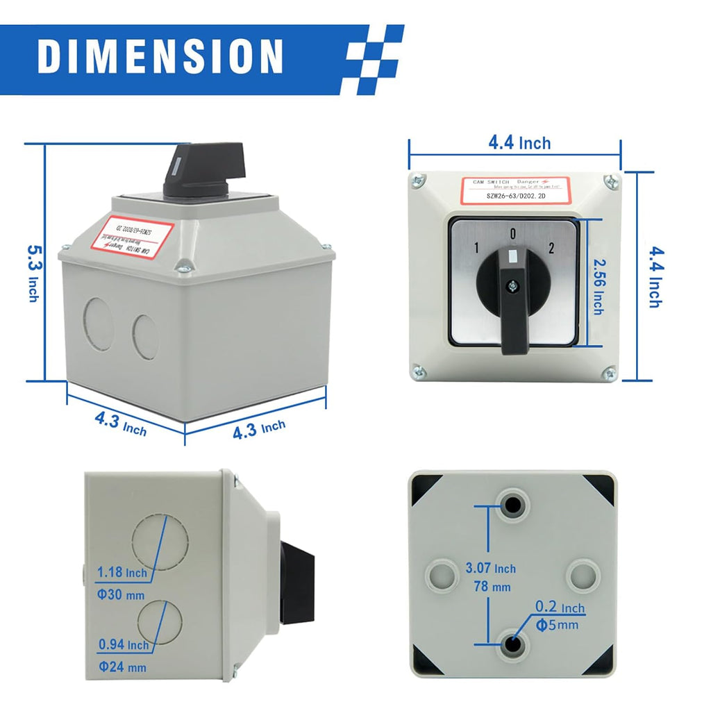 63A 660V 2 Pole Rotary Changeover Switch with Outer Box, 3 Position ON-Off-ON, 2NO 2NC 8 Terminals Universal Selector Switch for Motor Control, Electric Power Control