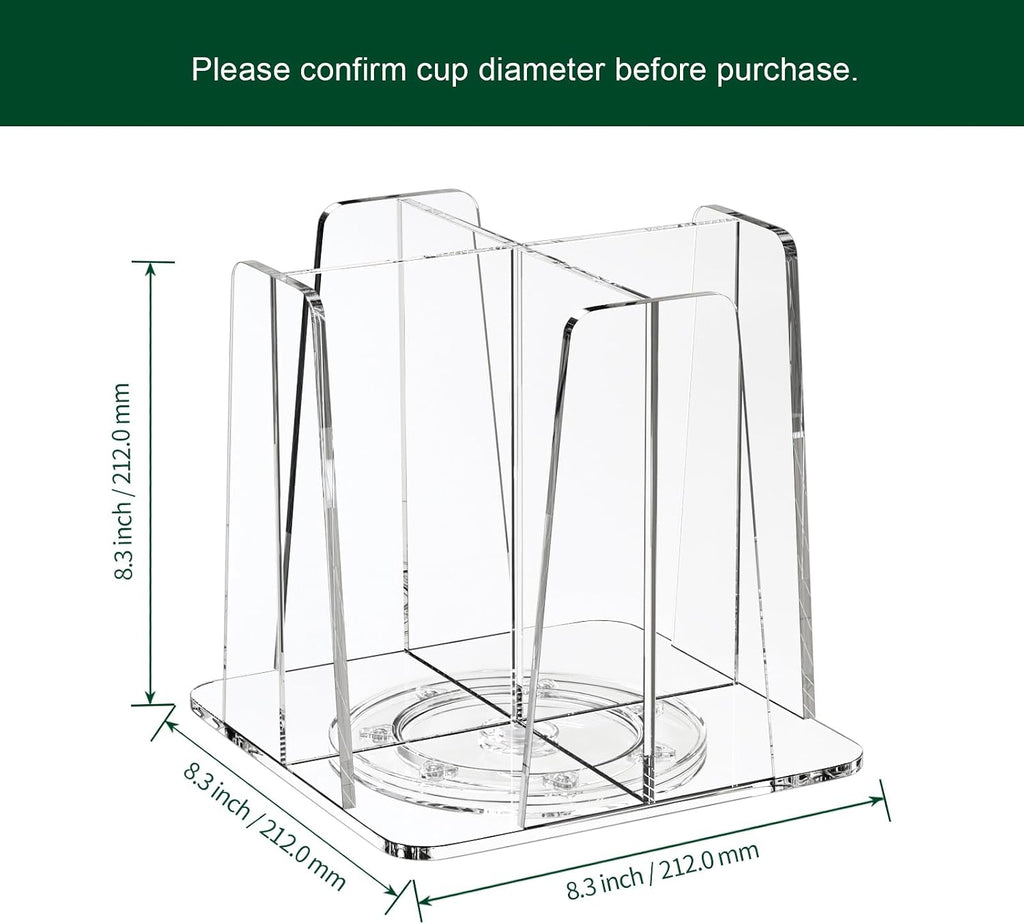 Coffee Cup Organizer for Countertop - Rotating Plastic Cup Holder 4 Compartments Clear Acrylic Cup and Lid Holder for