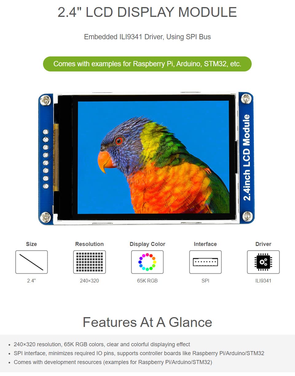 waveshare 2.4inch LCD Display Module with 65K RGB Colors 240×320 Resolution SPI Interface
