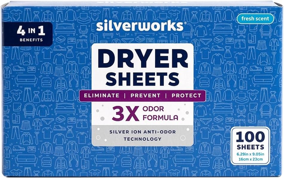 SilverWorks Dryer Sheets Laundry - Odor Eliminating Dryer Sheets with Silver Ion Technology - Softens, Fights Static