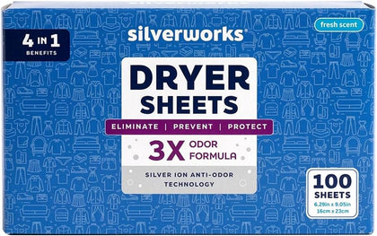 SilverWorks Dryer Sheets Laundry - Odor Eliminating Dryer Sheets with Silver Ion Technology - Softens, Fights Static