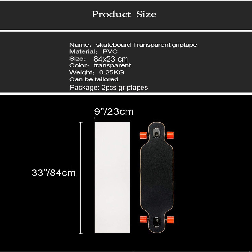 9" x 33" Clear Skateboard Grip Tape Sheet 2 Pack (84x23cm) | Bubble Free, Waterproof, Griptape for Scooter Longboard