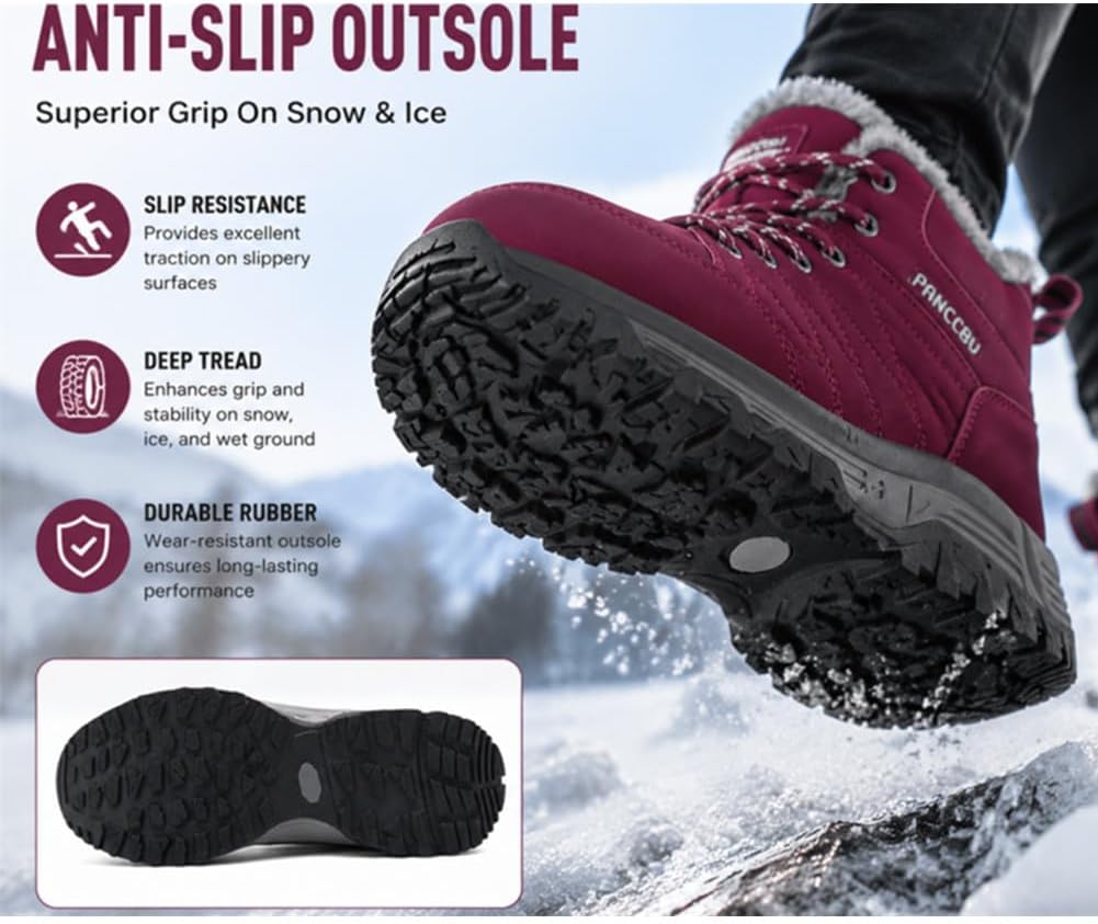Womens Winter Sport Waterproof Boots Snow Boots Fur Lined Warm Ankle Boots Slip On Stylish Fuzzy Hiking Women Booties