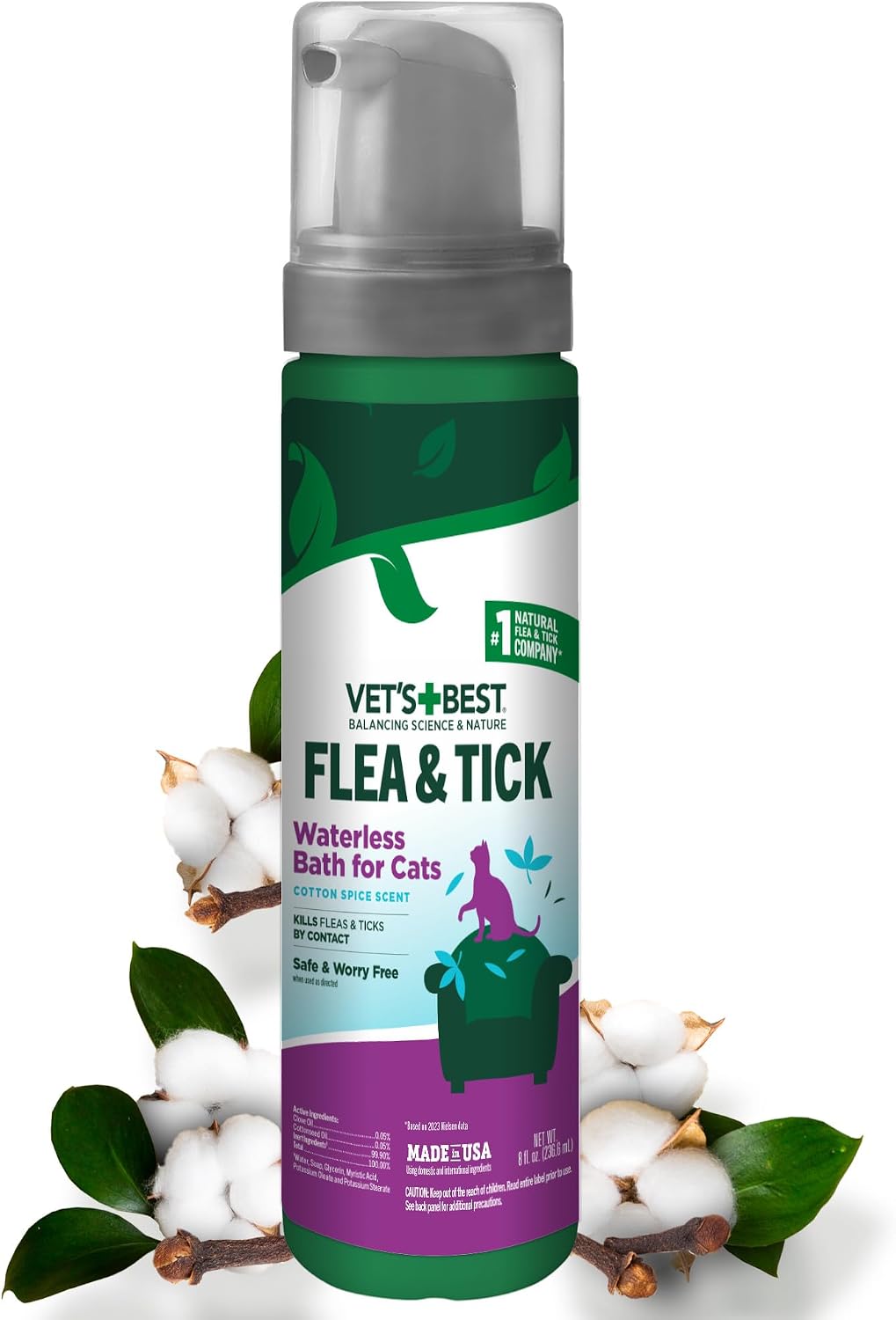 Waterless Flea & Tick Bath for Cats, Plant-Based, 8 oz