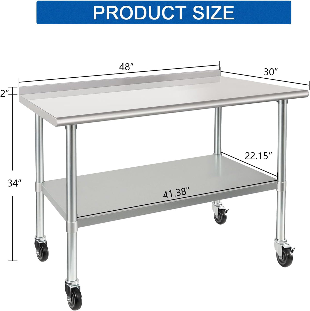 HARDURA Stainless Steel Table with Wheels 30X48 Inches, 2" Backsplash