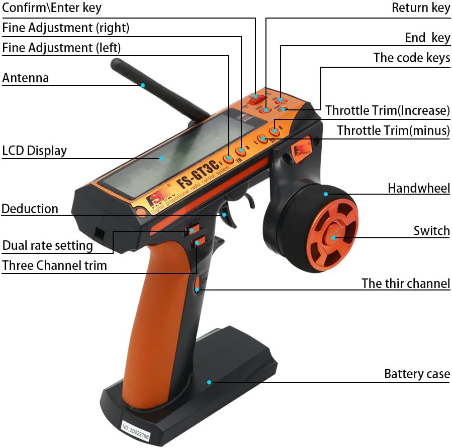 FS-GT3C RC Transmitter with FS-GR3E Receiver, 2.4GHz 3 Channel LCD Remote Controller and Receiver for RC Car Boat
