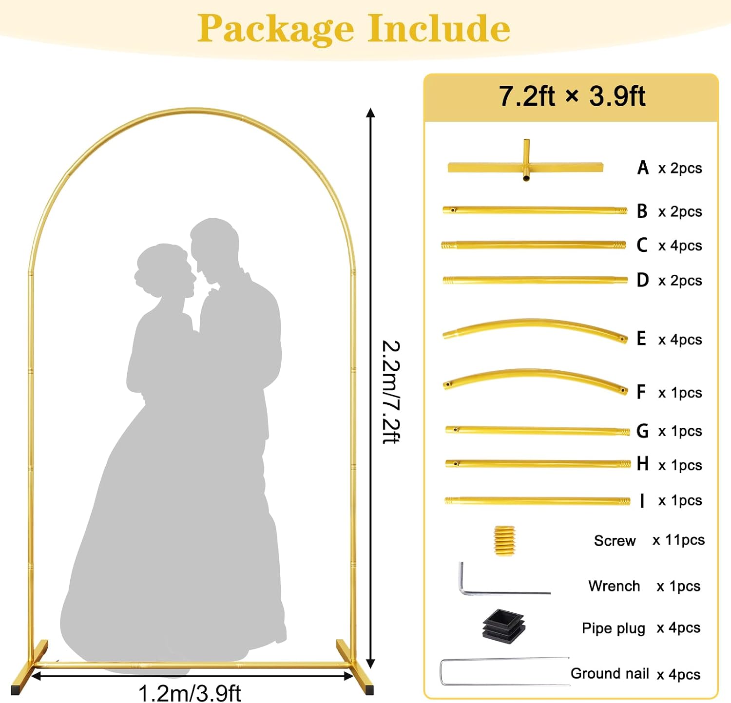 7.2FT Metal Arch Backdrop Stand, Gold Wedding Balloon Arch Stand