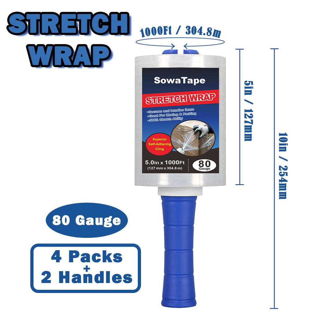 4 Pack Clear Stretch Wrap Film with 2 Plastic Handle 5''x1000Ft
