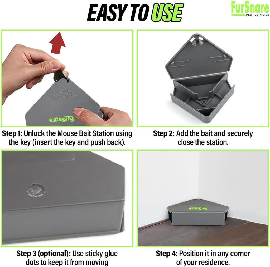 Furnsnare Mouse Bait Station (6 Pack) - Bait Boxes for Mice and Rats with Lockable Keys - Weatherproof Outdoor Mouse