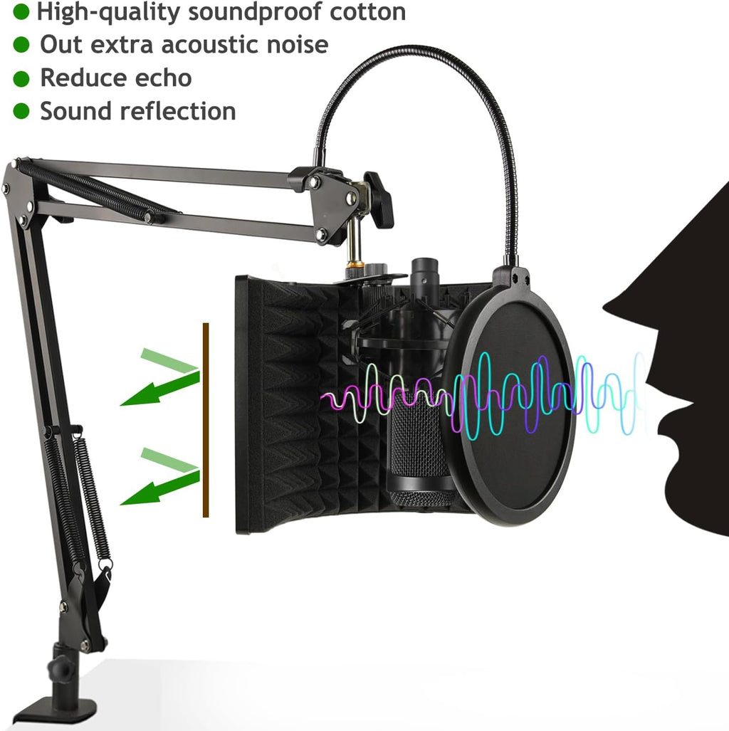 Microphone Isolation Shield with Mic Stand and Pop Filter, Foldable Sound Shield for Most Condenser Microphone
