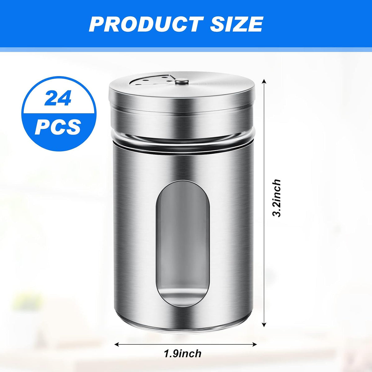24 Pcs Salt and Pepper Shakers Stainless Steel Spice Shakers with Adjustable Pour Holes and Glass Window 3.4oz Salt