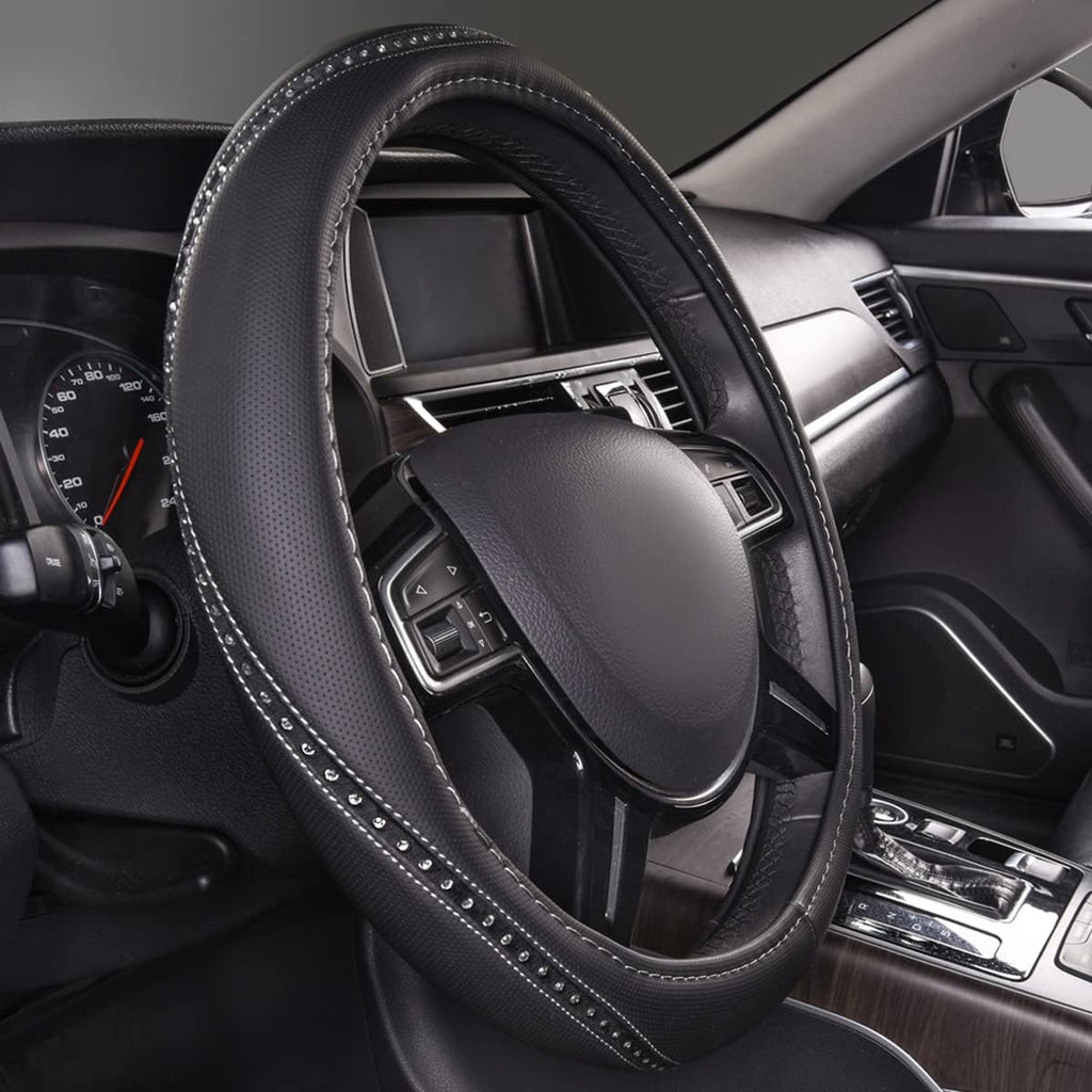 Bling Diamond Black Leather Steering Wheel Cover, Studded Crystal Rhinestones Universal Fit 14" 1/2-15" Glitter for