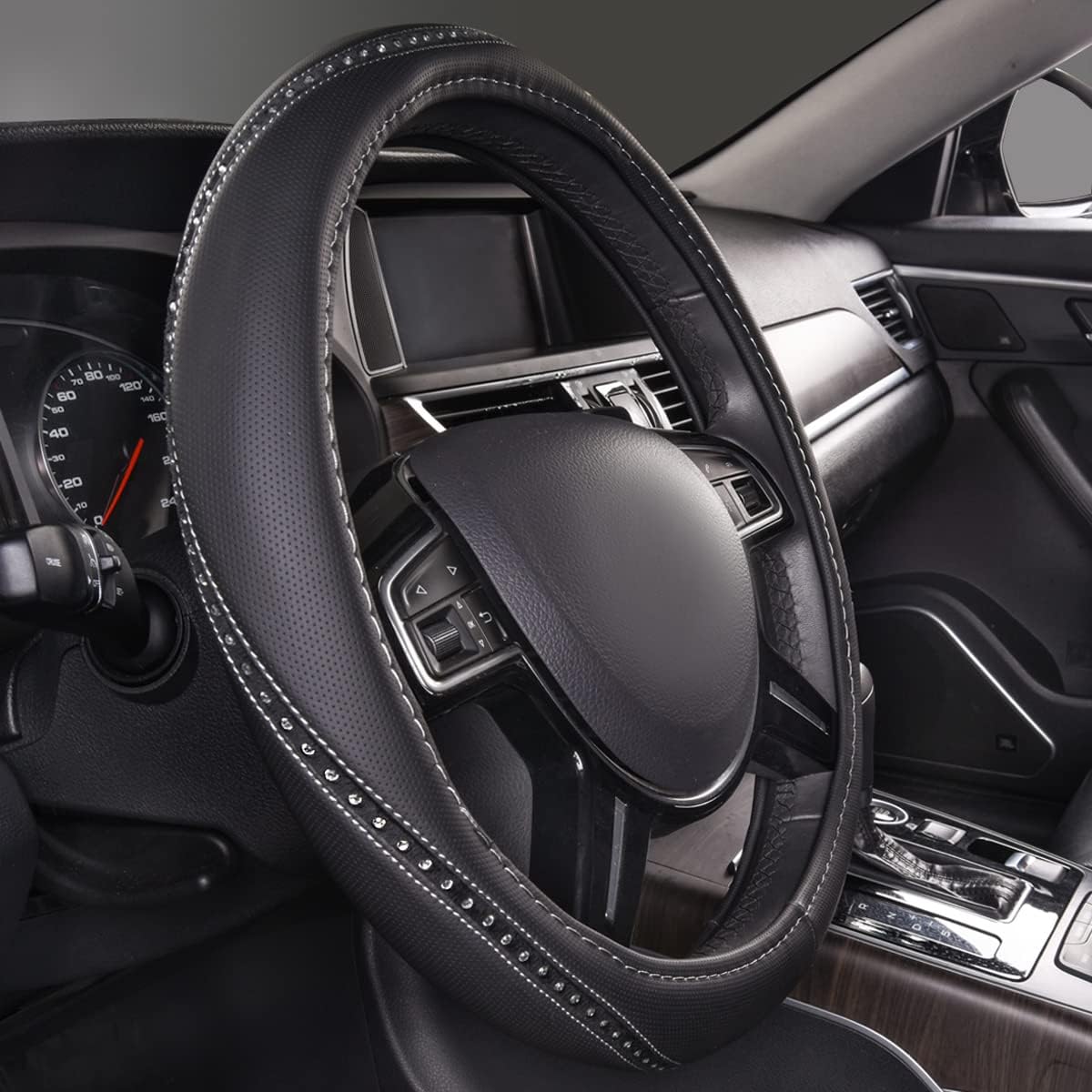 Bling Diamond Black Leather Steering Wheel Cover, Studded Crystal Rhinestones Universal Fit 14" 1/2-15" Glitter for