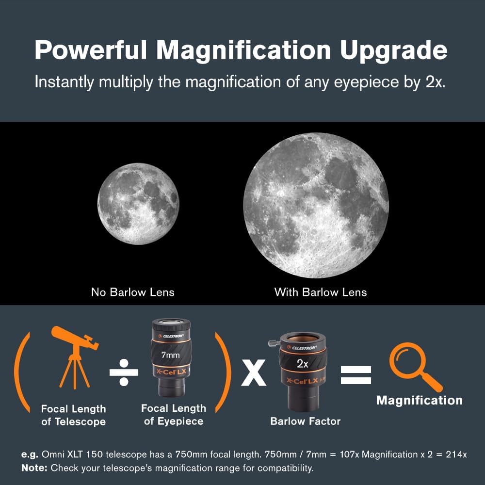 X-Cel LX 2X Barlow Lens for Telescope Eyepieces – 1.25" | Doubles Eyepiece Magnification, Fully Multi-Coated Optics