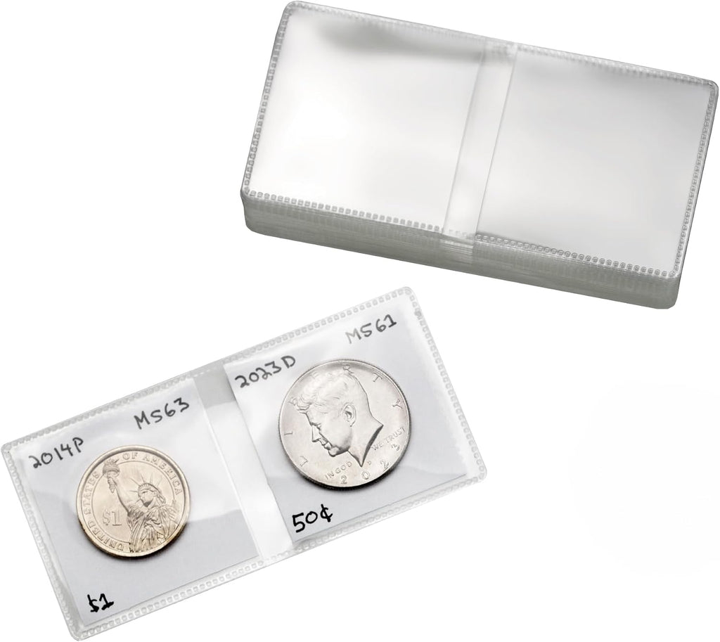 50 2x2 Double Pocket Coin Flips PVC Free Clear Vinyl Holders with Inserts