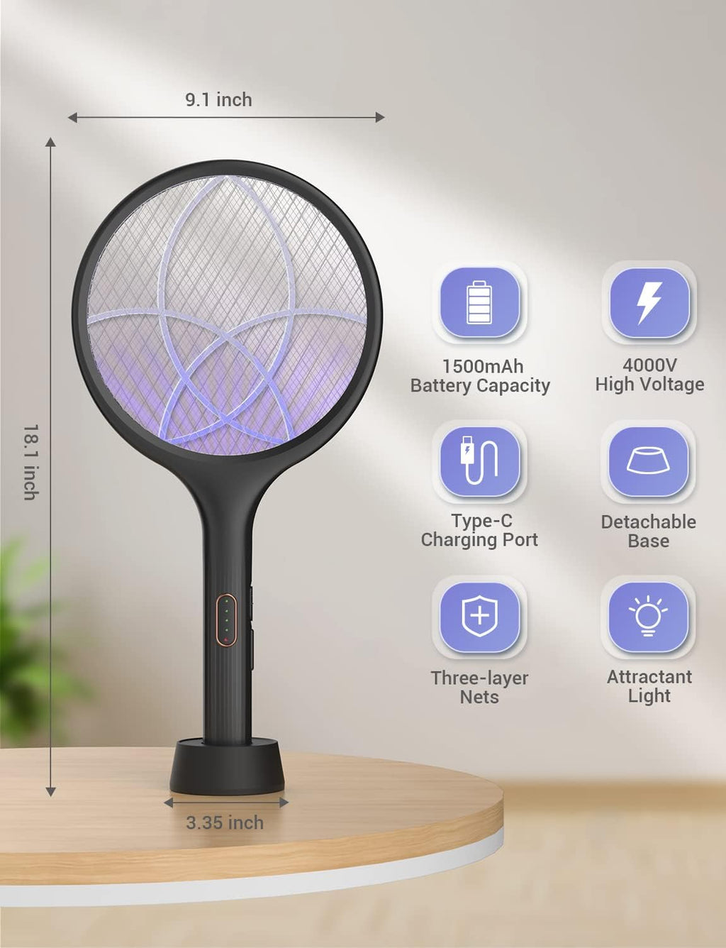 Electric Fly Swatter 4000V Bug Zapper Racket Dual Mode (1, Black) | Auto Manual Mode, Purple Attractant Light