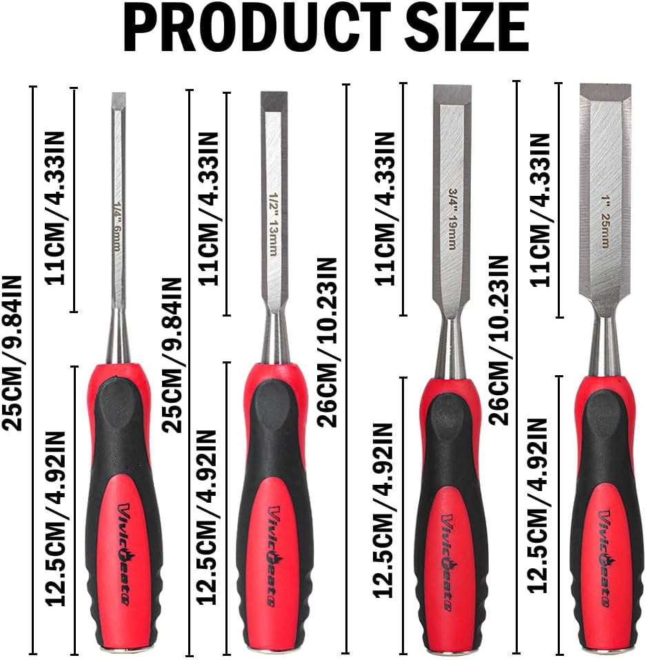 4 Piece Wood Chisel Set for Woodworking CR-V Steel Beveled Edge Wood Chisels with Strike Caps Protective Blade Covers