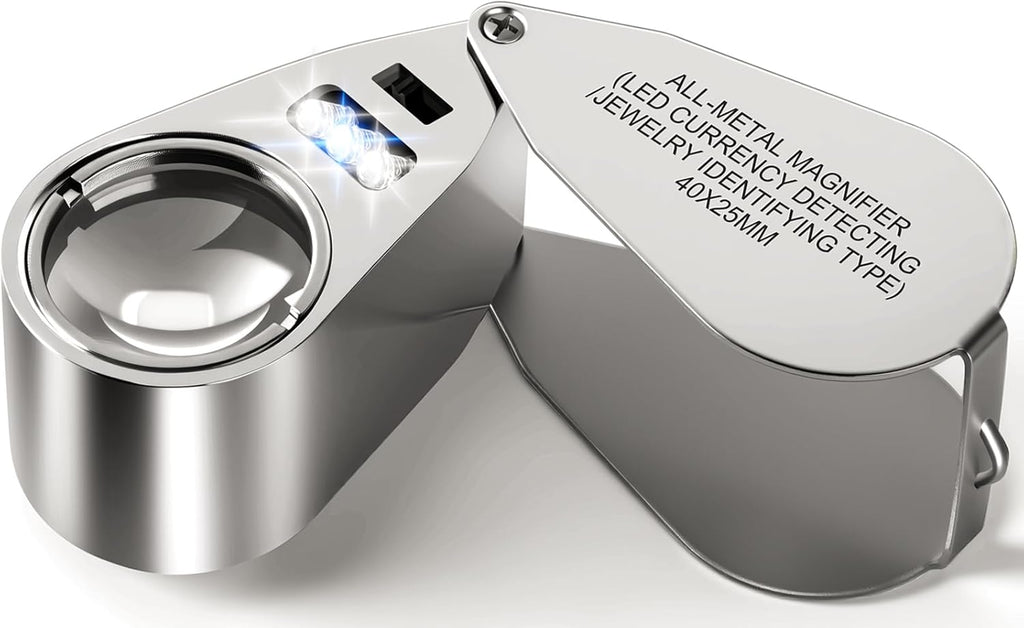 40X Jewelers Loupe Magnifier LED/UV Illuminated Magnifying Glasses | Jewelry Loop Pocket Folding Magnifying Glass