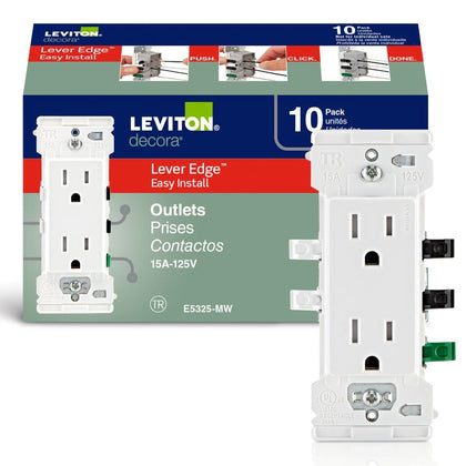 Lever Edge 15 Amp Tamper-Resistant Duplex Wall Outlet, 10-Pack, E5325-MW, White