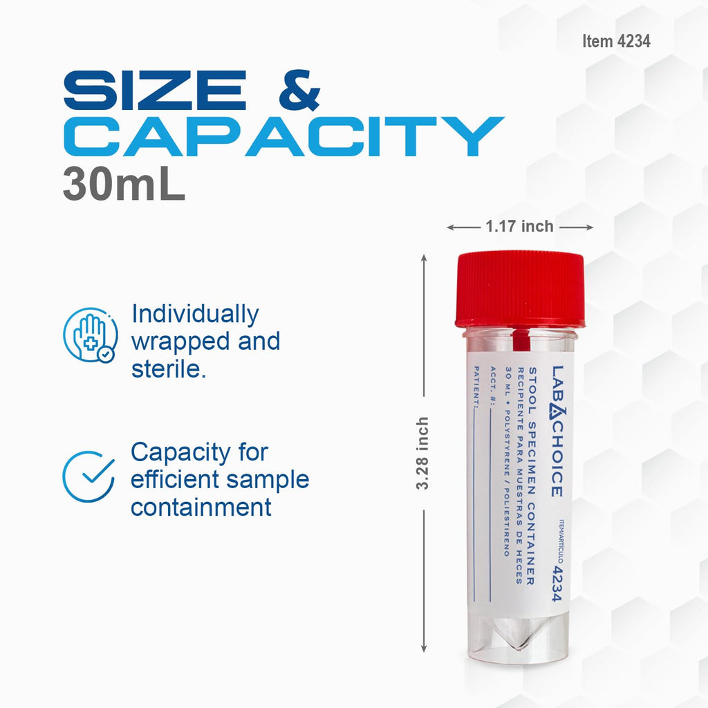 Stool Specimen Containers, Sterile, Individually Wrapped, Specimen Cups with Spoon Cap Lids, Clear with Red Lid, 1