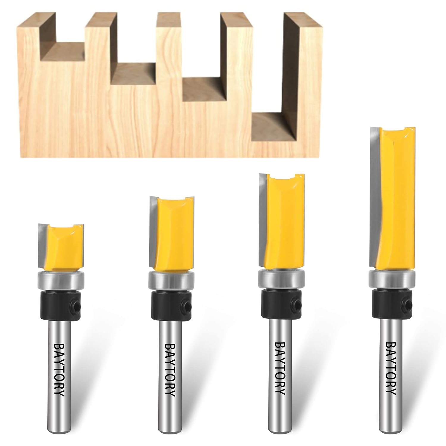 Professional Pattern Flush Trim Router Bit Set with 1/4 inch Shank | 4Pcs 1/2" Cutting Diameter Carbide Bits with Top