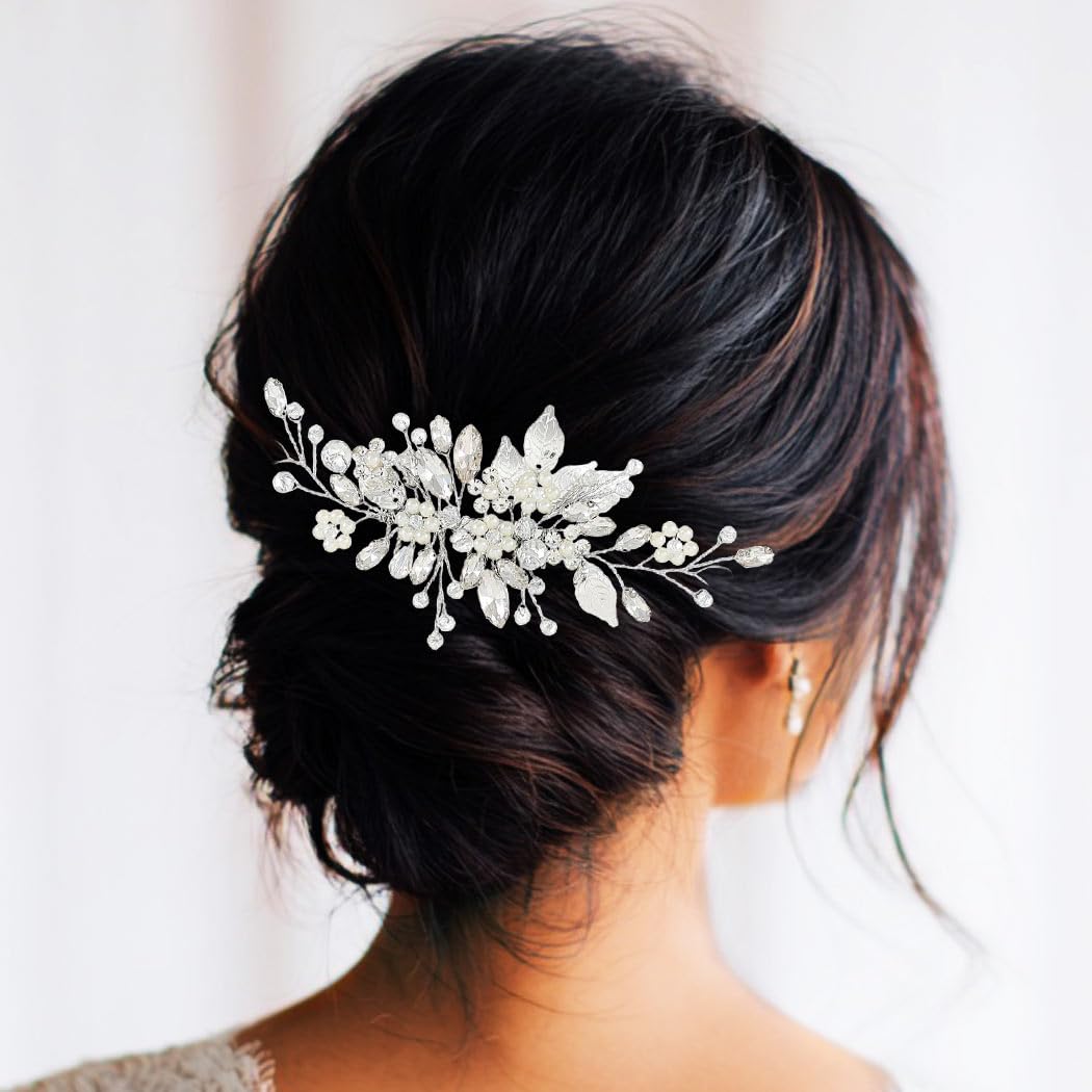 Leaf Bride Wedding Hair Comb Pearl Bridal Hair Piece Crystal Side Comb Hair Accessories for Women and Girls