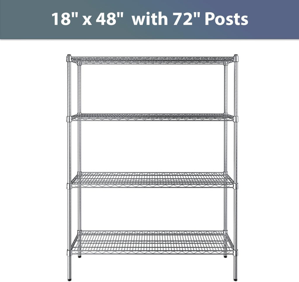 18" x 48" NSF Chrome 4-Shelf Kit with 72" Posts, Commercial Storage Rack Unit, Heavy Duty Storage Shelving, Wire